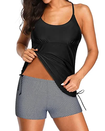 Tummy Control Tankini Strappy Back Sports Bra For Women-Black Stripe