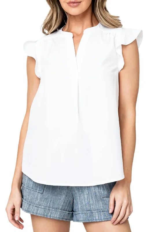 Notch Neck Flutter Sleeve Blouse Top In Ivory