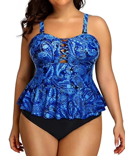 Peplum Tankini Tops For Women Plus Size Swimsuits High Waisted Swimwear-Blue Tribal