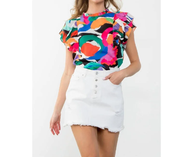 Flutter Sleeve Printed Top In White Multi