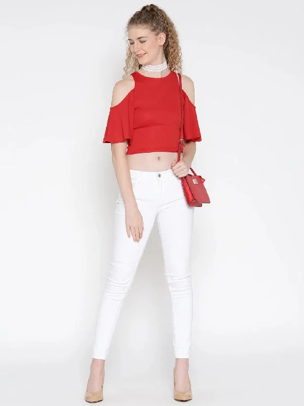 Red Flutter Sleeve Cold Shoulder Top