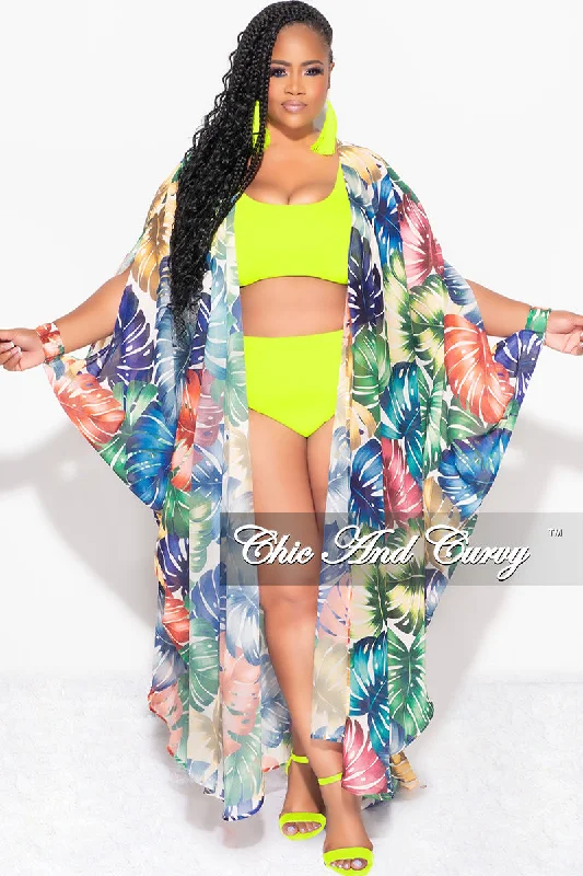 Final Sale Plus Size Chiffon Duster With Wrist Cuff in Multi-Color Palm Print