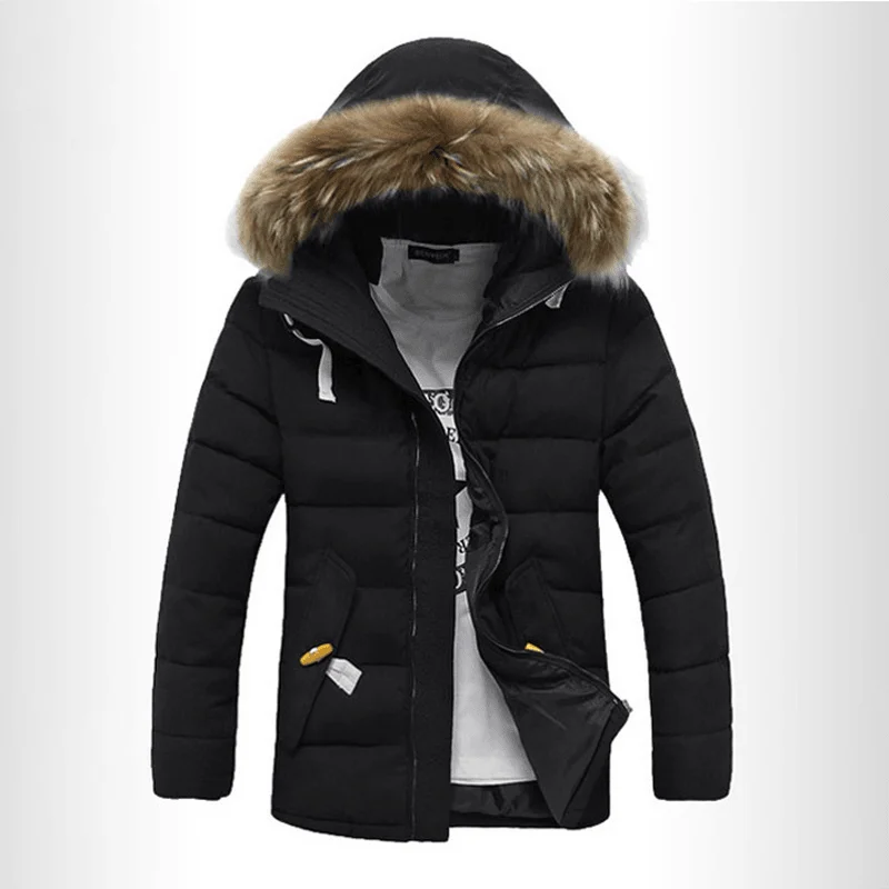 2021 Winter Fur Collar Cotton-Padded Jacket Men'S Korean Style Slim Mid-Length Men'S Student Padded Jacket and Velvet Thick Hooded Jacket