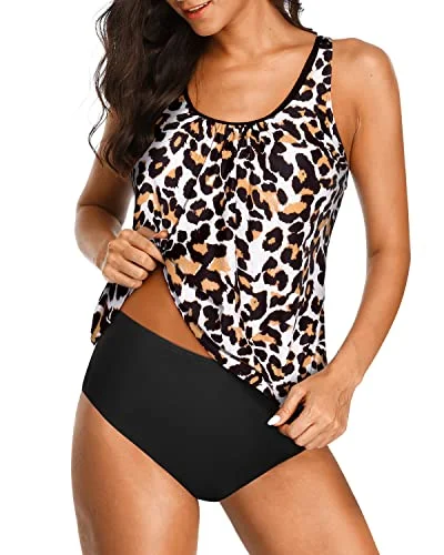 2 Piece Blouson Tankini Bathing Suits Sports Soft Bra For Women-Black And Leopard