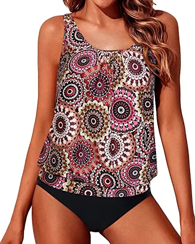 Adjustable Straps Loose Fit Swimsuits For Women 2 Piece Tankini-Brown Print