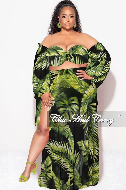 Final Sale Plus Size 3pc Playsuit Set in Navy with Olive Tropical Palm Print