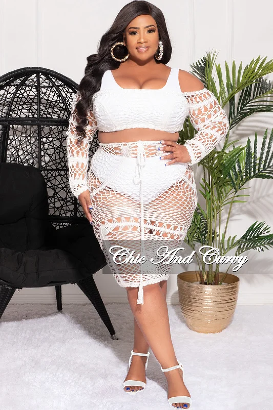 Final Sale Plus Size 2pc Crochet Crop Top and Skirt Set in White