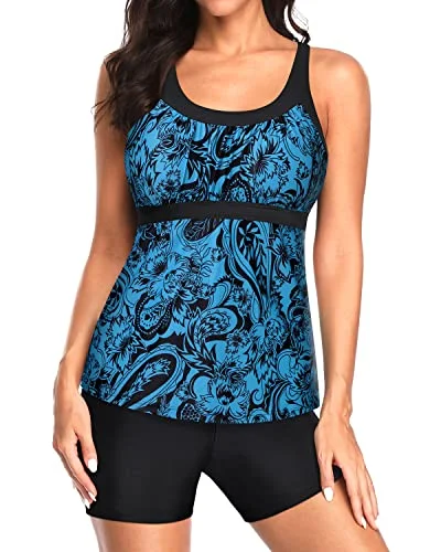 Modest Tankini Bathing Suits Boyshorts For Women's Swimwear-Black And Tribal Blue