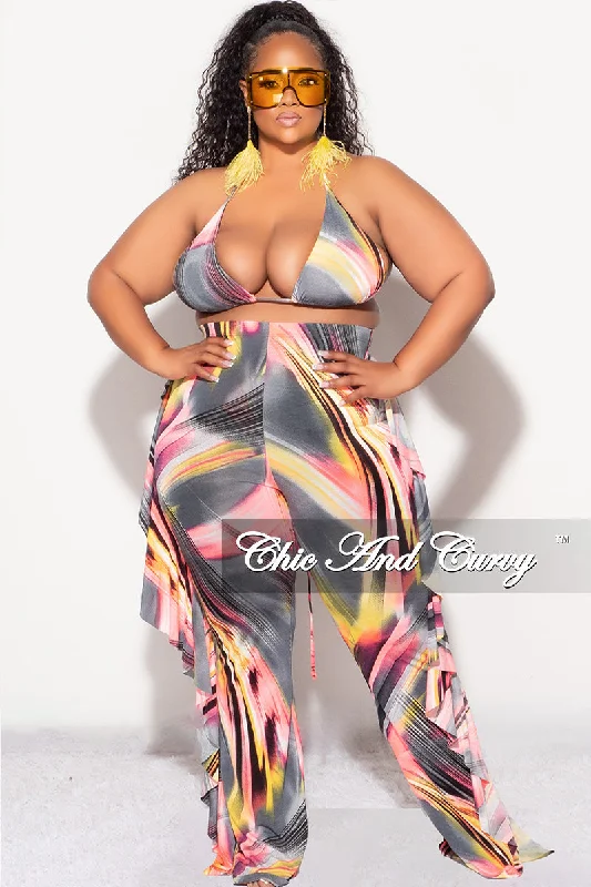 Final Sale Plus Size  3pc Poolside Playsuit (Bikini Top, High Waist Bottoms & Pants) Set in Pink, Grey, & Yellow Print