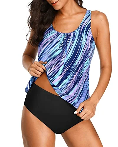 2 Piece Wireless Tankini Swimwear Elastic Band For Women-Blue And Black Stripe