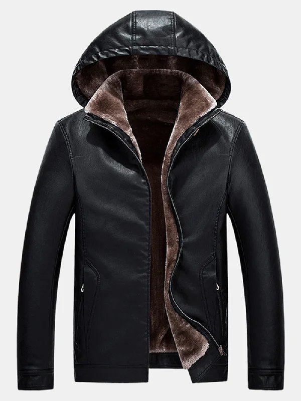 Mens Fashion PU Zipper Windproof Hooded Warm Jacket