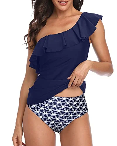 Best Tummy Control One Shoulder Tankini Swimsuits For Women-Navy Blue Tribal