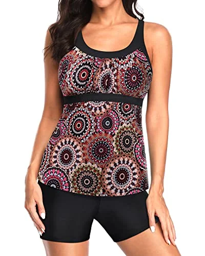 Removable Padding Tankini Tops Boyshorts For Women's Swimwear-Brown Print