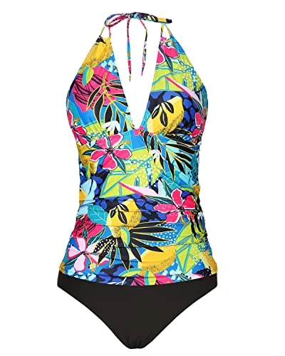 Backless Halter Tankini Swimsuits Bikini Bottom Tummy Control-Colourful