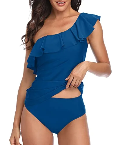 Tummy Control Bathing Suit For Ladies Asymmetric One Shoulder Swimwear-Blue