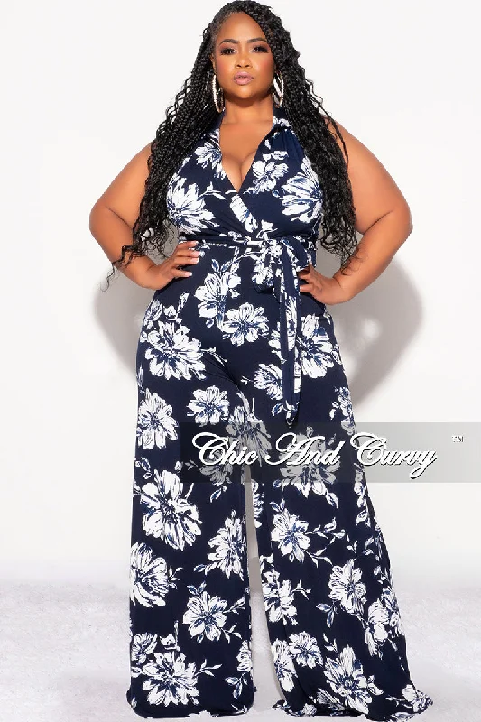 Final Sale Plus Size Faux Wrap Halter Jumpsuit with Waist Tie in Navy and White Floral Print