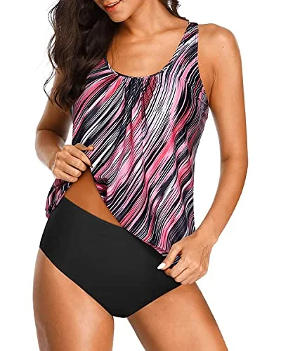 Wireless Removable Athletic Swimwear Blouson Tankini For Women-Pink Stripe