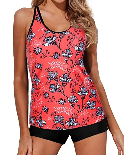 Loose Scoop Neckline Tankini Swimsuits For Women-Red Floral