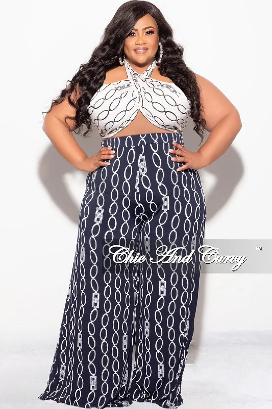 Final Sale Plus Size 2pc Set Black & White Self Tie Top & Pants in Navy & White Chain Print