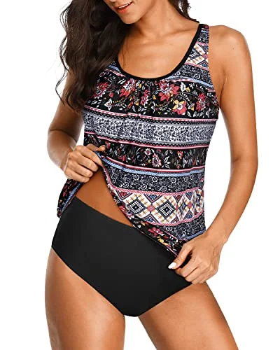 2 Piece Stylish Tankini Swimsuits For Women No Show Cleavage-Black Tribal