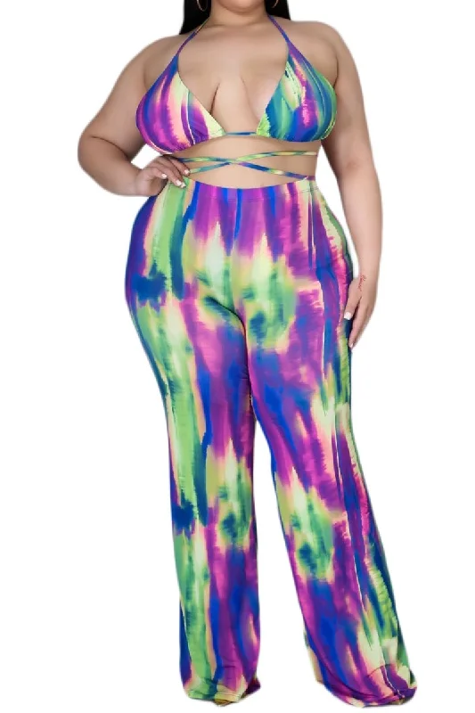 *Final Sale Plus Size  3pc Poolside Playsuit (Top, High Waist Bottoms & Pants) Set in Neon Watercolors