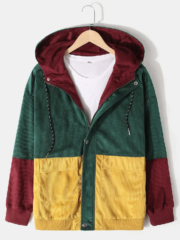 Mens Vintage Colorblock Corduroy Stitching Hooded Jacket