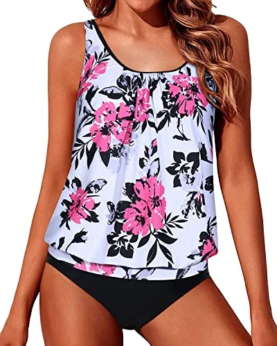 Women's Flattering Two Piece Blouson Tankini Swimwear-White Floral