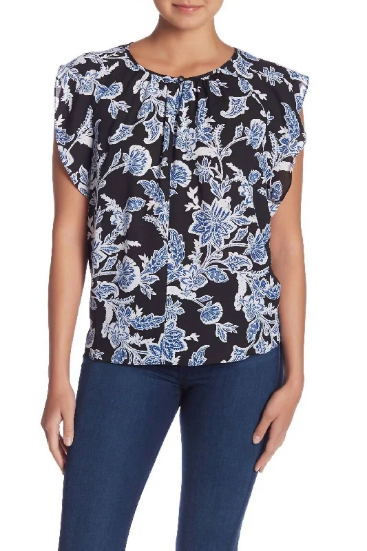 Flutter Sleeve Floral Print Keyhole Blouse In Black Blue White