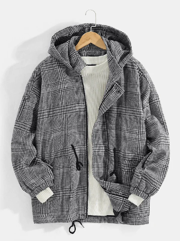 Mens Vintage Plaid Drawstring Waist Pocket Warm Hooded Coats