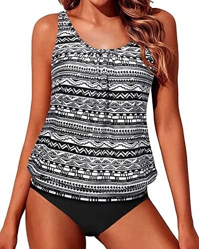 Pretty Flared Blouson Tankini Bathing Suits For Teens Mid Waist Bottom-Black Tribal