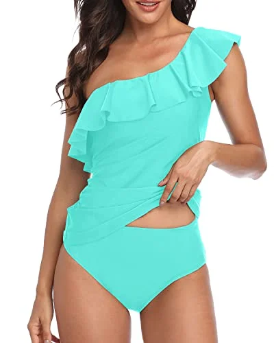 Two Piece Women's One Shoulder Tankini Tummy Control Bathing Suits-Aqua