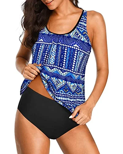 Women's Two Piece Sporty Tankini Set For Tummy Control Bathing Suits-Blue Tribal