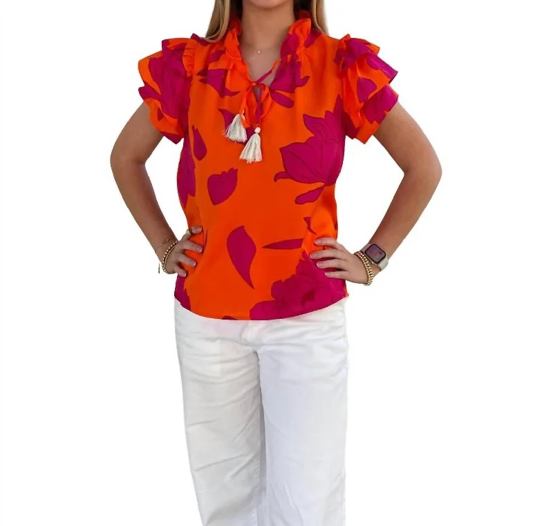 Flutter Sleeve Print Top In Orange Red