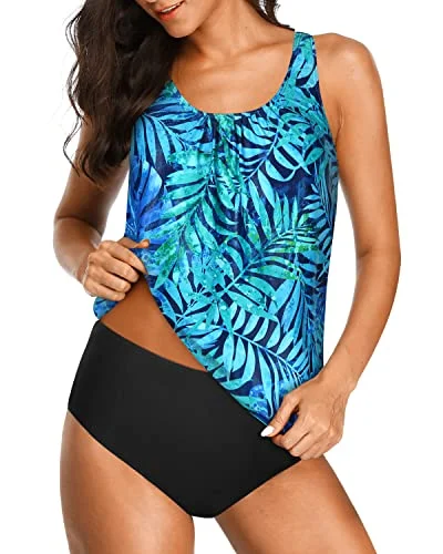 Modest Two Piece Tankini Set For Women Adjustable Straps-Dark Blue Green Leaves