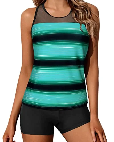 Athletic Racerback Tankini Swimsuit Boyleg Bottoms For Women-Green Black Stripes