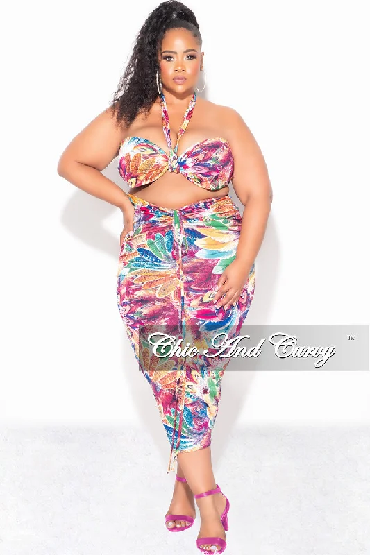 Final Sale Plus Size 2pc Halter Top and Ruched Skirt Set in Floral Multi Color Print Summer