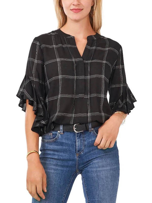 Womens Plaid Flutter Sleeve Henley