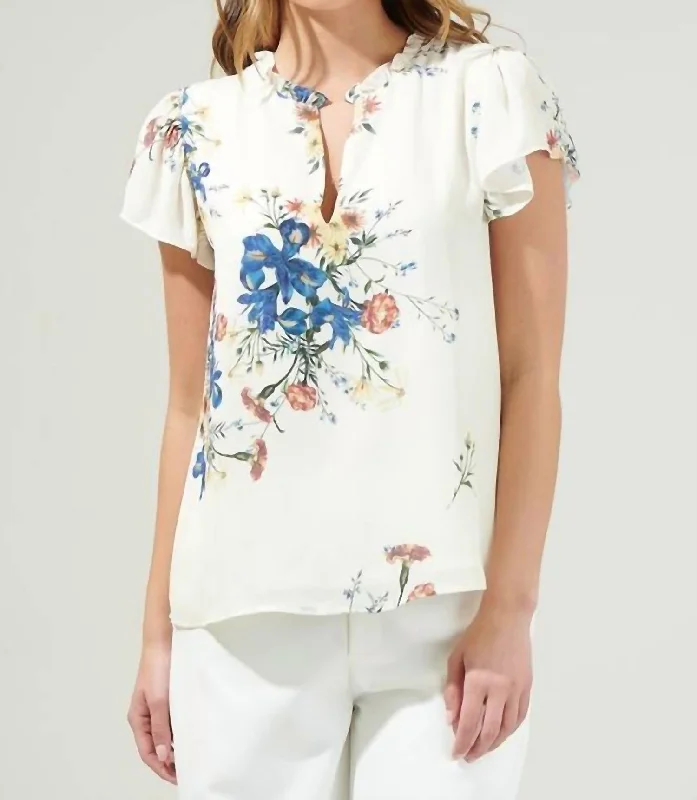 Jacinta Floral Flutter Sleeve Blouse In Cream Multi