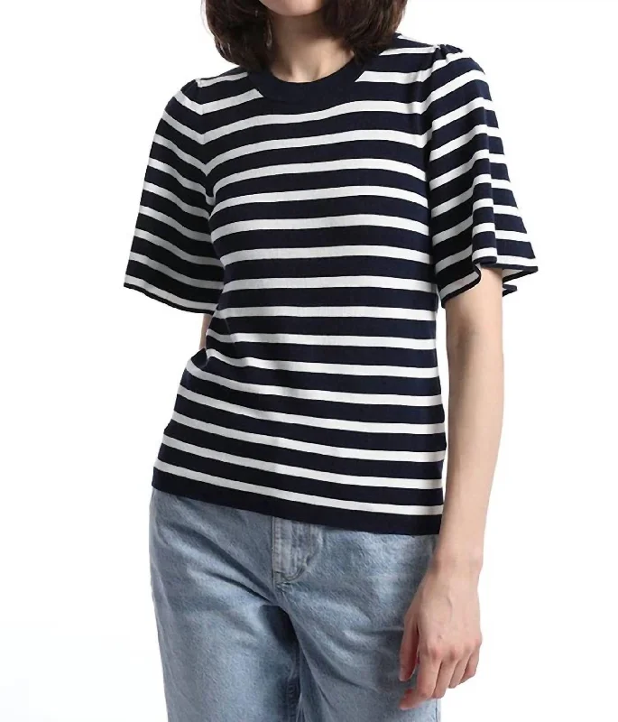 Striped Flutter Sleeve Top In Navy/white