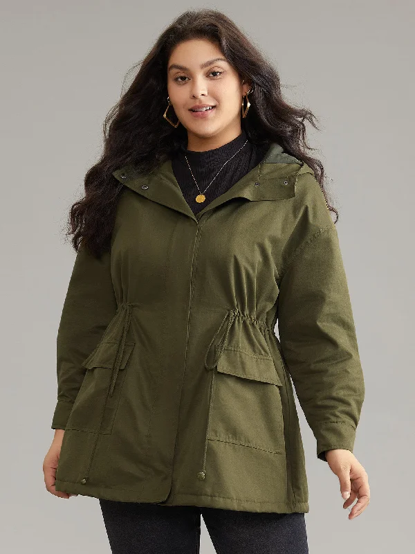 Plain Drawstring Padded Pocket Hooded Coat