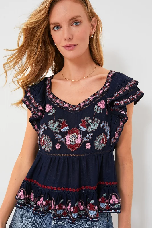 Navy Eclisse Embroidery Flutter Sleeve Top