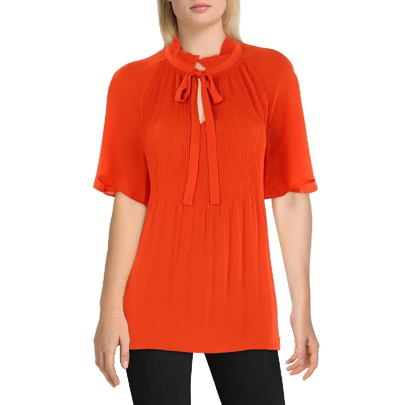 Womens Tie Neck Flutter Sleeve Blouse