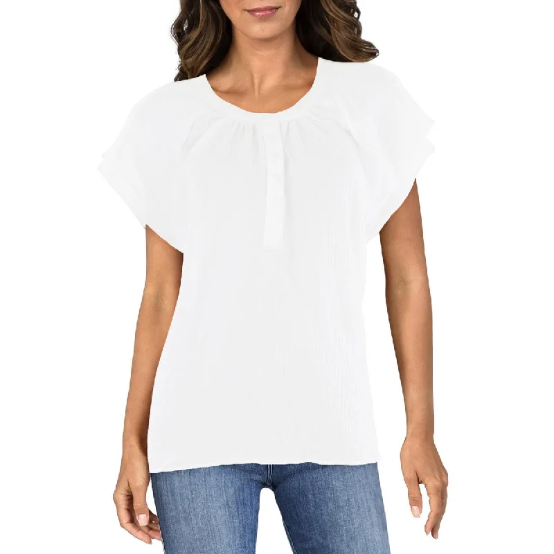 Womens Split Neck Flutter Sleeve Henley