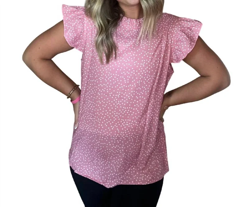 Polka Dots Ruffle Flutter Sleeve Blouse In Pink