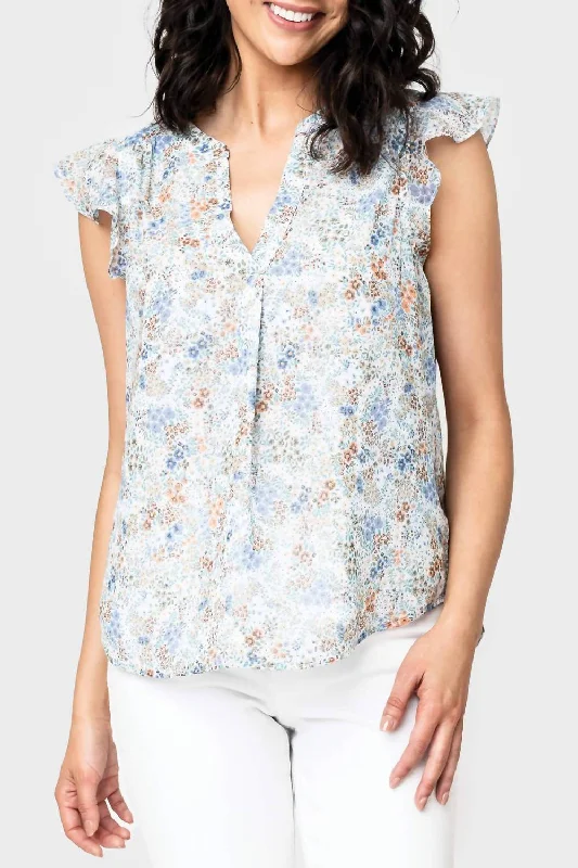 Field Of Flowers Notch Neck Flutter Sleeve Blouse In White