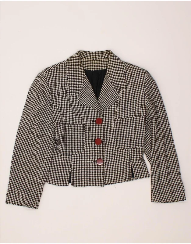 VINTAGE Womens Crop 3 Button Blazer Jacket IT 44 Medium Grey Houndstooth