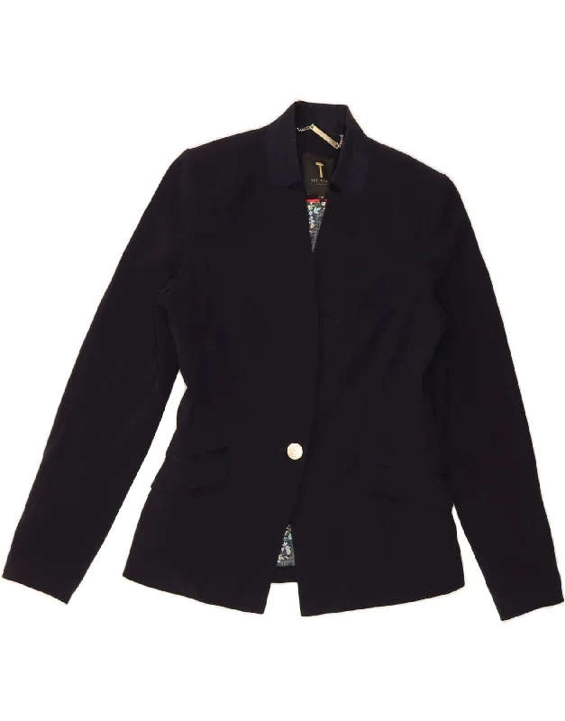 TED BAKER Womens 1 Button Blazer Jacket Size 2 Small Navy Blue Polyester