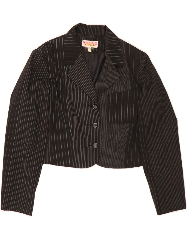 VINTAGE Womens 3 Button Crop Blazer Jacket UK 16 Large  Black Striped