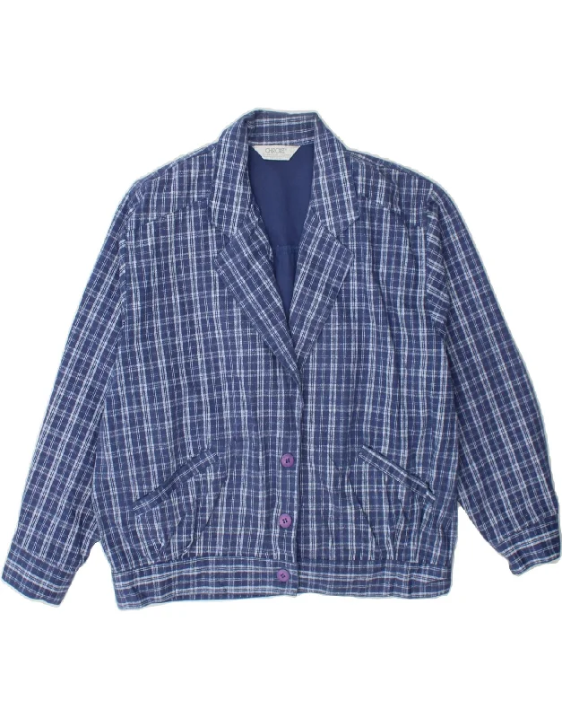 CHEROKEE Womens 3 Button Blazer Jacket UK 16 Large Navy Blue Check Cotton