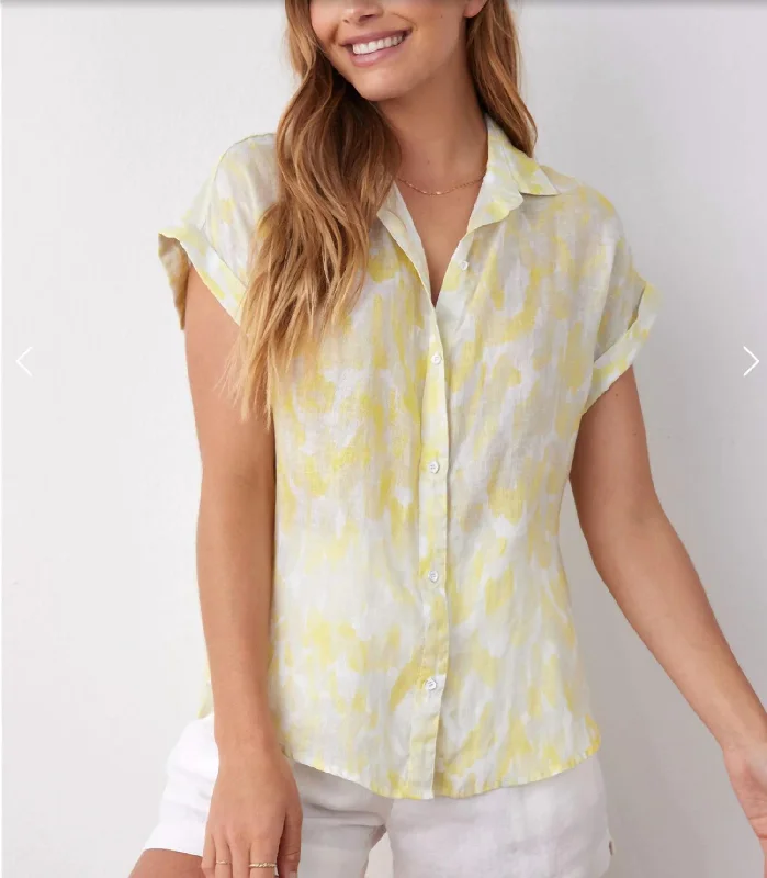 Linen Printed Button Down - Layered Spots Print In Yellow